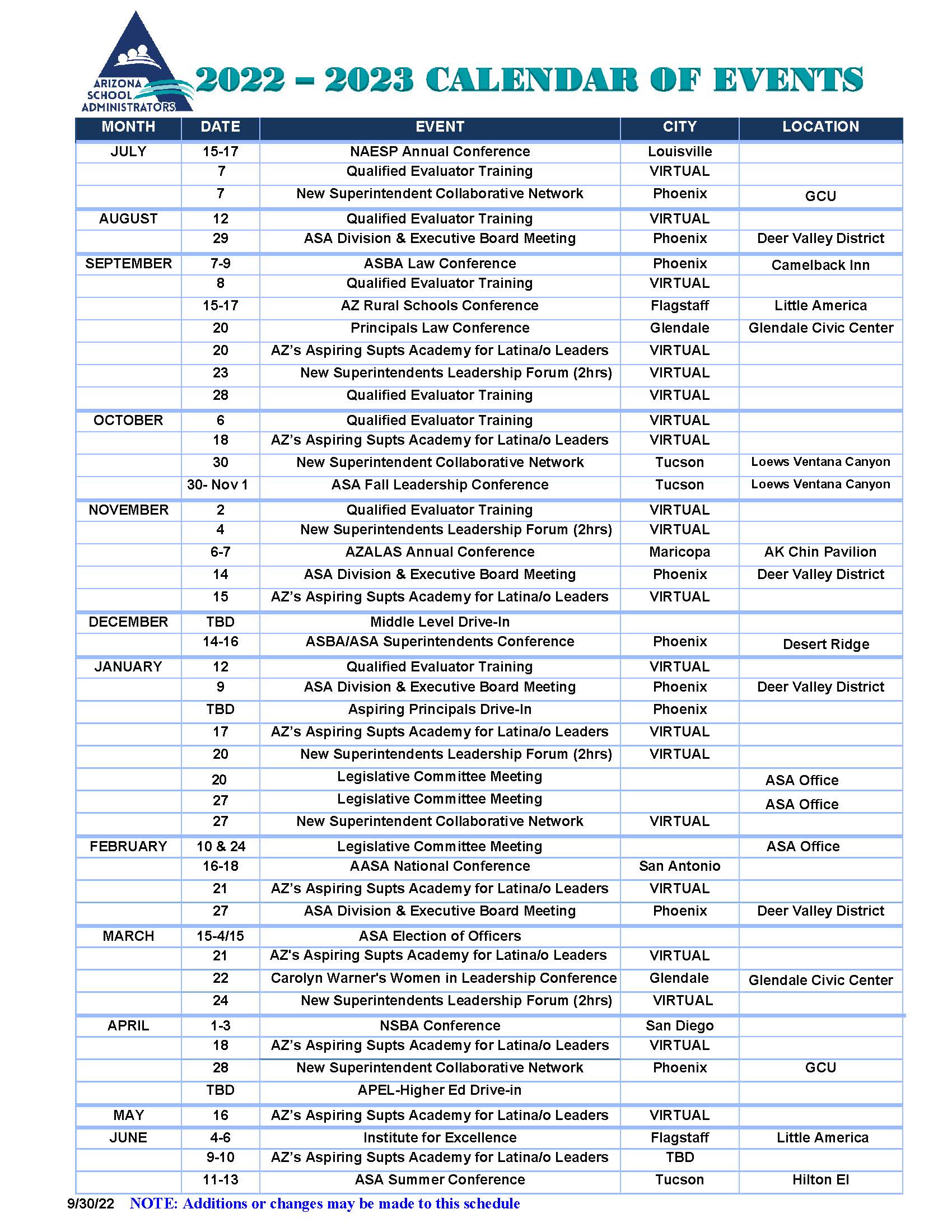 Calendar Arizona School Administrators