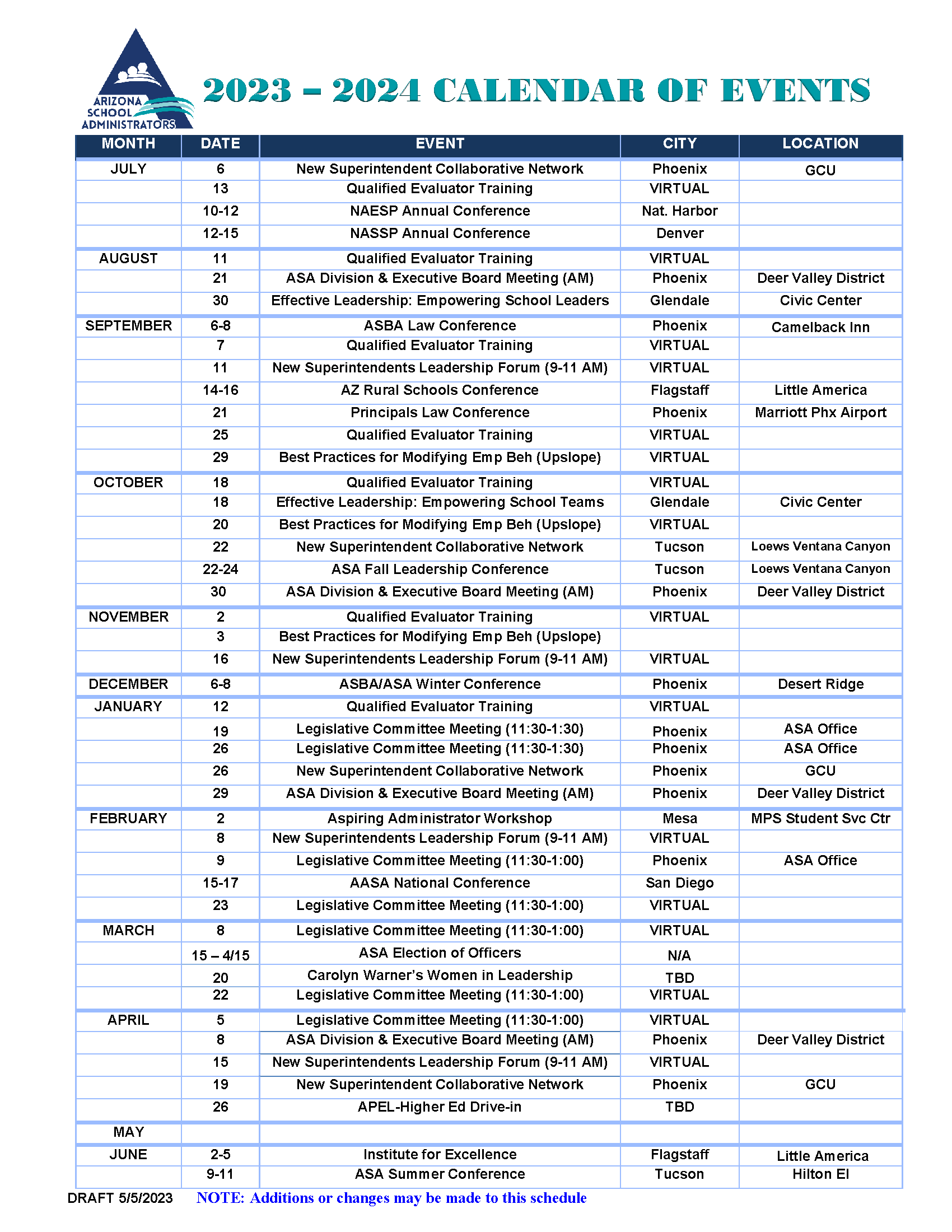 Calendar Arizona School Administrators